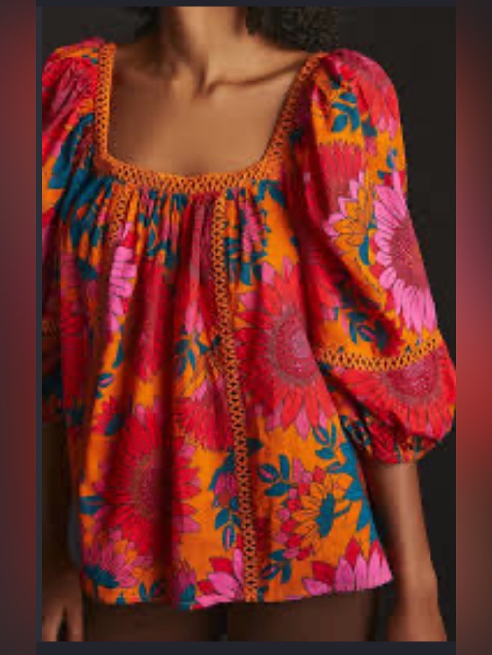 FARM Rio Vibrant Orange Floral Peasant Top with Pink & Teal Motifs